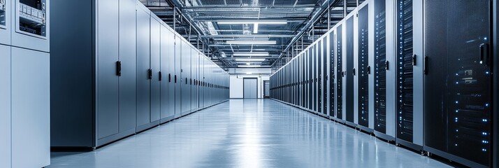 Poster - Modern Data Center With Rows of Servers, Storage, and Network Equipment, Corridor View.