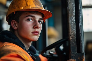 A young male forklift operator wearing a hard hat and rugged work wear leans forward, representing youthful energy and dedication to industrial tasks.