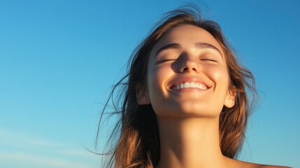 A young woman smiling with her eyes closed, head tilted back in genuine joy, under a clear blue sky