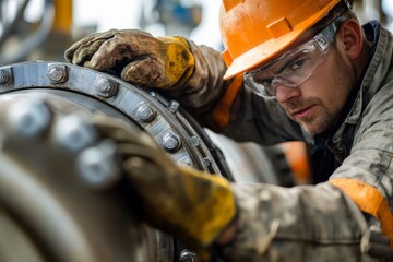 Aufkleber - A technician in an orange hard hat and gloves is carefully adjusting bolts on industrial pipeline equipment, representing precision and mechanical expertise.