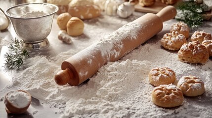 A baker's rolling pin, flour sifter, and dough scraper, lying on a floured countertop with fresh pastries nearby.