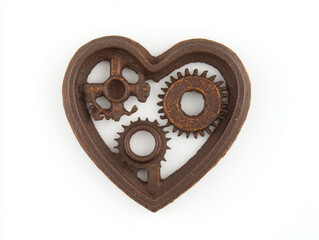 Industrial romance: heart-shaped metal gear with rustic texture for design and engineering themes