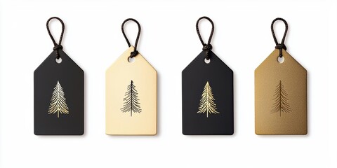 Miniature gift tags with golden shimmer, featuring delicate Christmas tree designs