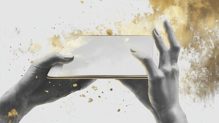 Poster - Hands holding a blank smartphone against a textured background during a creative digital design session