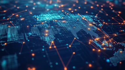 Poster - A digital map of the world illuminated by network connections showcasing global data flow in a high-tech visualization