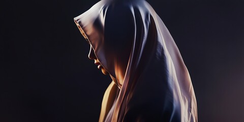 Eyes and face of beautiful young Muslim woman covered with headscarf, close-up. Banner woman in hijab and copy space.