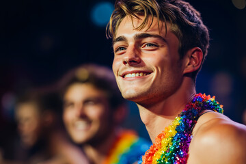 A man in a rainbow colored lei smiles at the camera