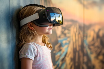 A little girl wearing a virtual reality headset leaning against a wall