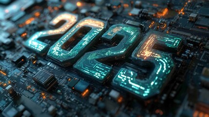 Poster - Intricate digital design featuring the year 2025 against a circuit board background