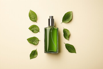 Canvas Print - Green glass perfume bottle with silver spray nozzle surrounded by six green leaves arranged on a beige background, emphasizing natural and eco-friendly themes.