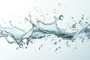 Wall Mural - Dynamic splash of clear water with droplets captured in mid-air against a light background.