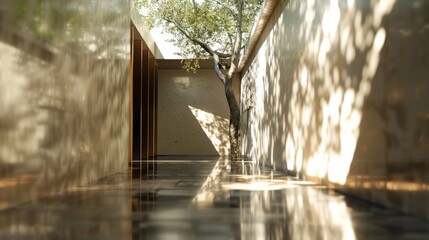 Wall Mural - Sunlight dances through a tranquil hallway with a single tree, blending nature with modern architecture in soothing harmony.