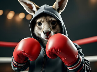 A boxing kangaroo wearing a hoodie and red gloves showcases its training intensity in a professional ring setting