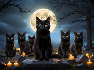 Wall Mural - group of black cats in a cemetery with full moon, magic lunar night concept 