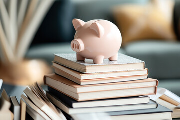 Sticker - A pink piggy bank placed on top of a stack of books. The setting appears to be indoors, possibly in a living room with soft lighting and modern decor.