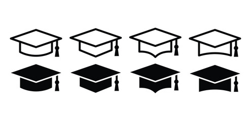 set of graduation cap school degree icon symbol sign vector design simple outline black fill illustration isolated