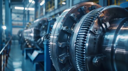 Wall Mural - Close-up of a shiny turbine engine in a dimly lit industrial facility, showcasing engineering precision and metallic textures.