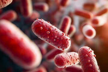 Poster - A highly detailed microscopic view of red bacteria cells, highlighting the intricate textures and biological complexity present in microbial life forms.