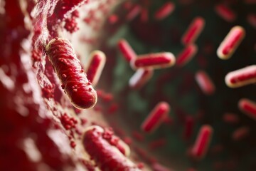 Poster - A fascinating microscopic shot of dynamic red bacteria in motion, highlighting the vibrant and lively aspects of these microorganisms in their natural environment.