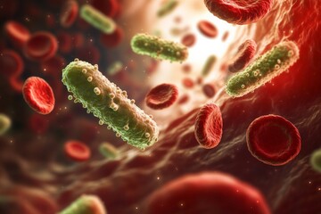 Poster - An image showcasing green bacteria intertwined with red blood cells, providing a contrast between the different elements in a detailed biological scene.
