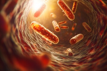 Poster - This depiction captures streamlined, orange bacteria traveling through a tubular, textured environment, highlighting speed and movement in a biological setting.