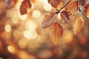 Poster - A beautiful depiction of autumn leaves on a branch, softly illuminated by golden bokeh light. The intricate leaf patterns stand out against the warm, soft background.