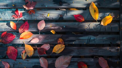 Poster - Autumn leaves scattered on a weathered wooden surface, bathed in soft sunlight, creating a peaceful and nostalgic mood.