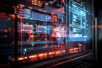Poster - beautifully lit consumer unit with detailed wiring visible, showcasing intricate electronic components and glowing circuits. vibrant colors create captivating and modern atmosphere