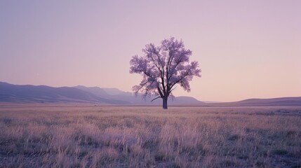 Poster - A solitary tree stands in a vast purple-hued field as dawn breaks, evoking solitude and natural beauty in the expansive landscape.