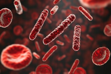 Poster - Magnified image revealing details of red bacteria moving among blood cells, highlighting the complexity and intricacy of microscopic biological life.