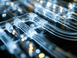 Poster - close up of consumer unit featuring transparent wiring, showcasing intricate details and glowing elements that create modern and high tech aesthetic