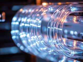 Poster - close up of consumer unit featuring transparent wiring glowing with vibrant blue and orange lights, showcasing intricate details and modern design