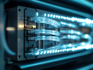 Poster - close up of consumer unit featuring transparent wiring glowing with blue light, showcasing modern technology and intricate design. image captures essence of innovation and functionality