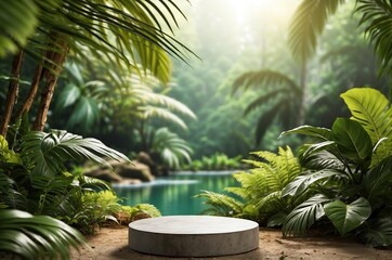 Concrete podium tabletop floor in outdoor tropical garden forest blurred green leaf plant nature background.Natural product placement pedestal stand display,summer jungle paradise concept.