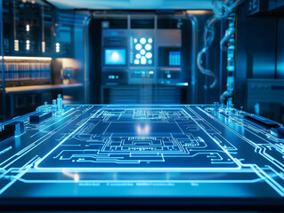 Poster - futuristic consumer unit is displayed on glowing holographic interface, surrounded by advanced technology and digital screens, creating immersive tech environment