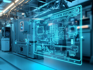 Poster - futuristic consumer unit is displayed, surrounded by holographic wiring diagram, showcasing advanced technology and innovation in modern industrial setting
