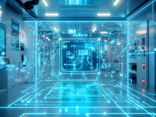 Poster - futuristic digital environment featuring holographic circuit board design, showcasing advanced technology and innovation. glowing blue elements create captivating atmosphere of modernity and