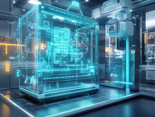 Poster - futuristic consumer unit is displayed, surrounded by holographic wiring diagram, showcasing advanced