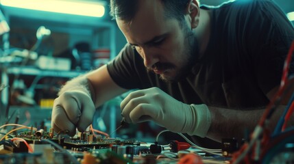 Wall Mural - A focused technician in rubber gloves meticulously works on electronics in a dimly lit workshop, showcasing concentration and skill.