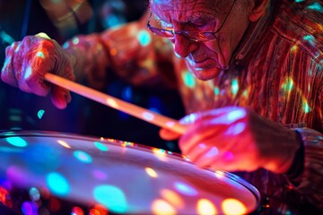 Poster - An elderly musician energetically plays drums, surrounded by vibrant, colorful lights, capturing the essence of music's timeless joy and energetic flair.