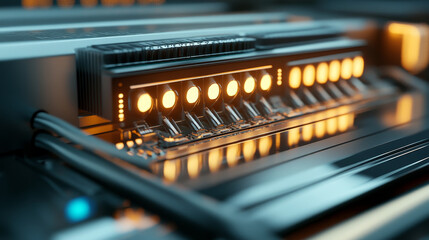 Poster - Detailed close up of modern electrical consumer unit showcasing illuminated switches and sleek design. image captures intricate components and vibrant lighting, evoking sense of advanced technology