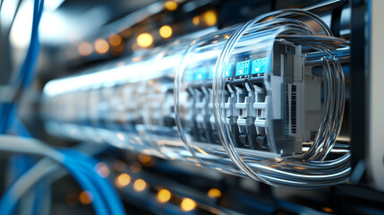 Poster - detailed close up of modern electrical consumer unit showcasing intricate wiring and components. image captures complexity and precision of electrical installations, evoking sense of innovation and