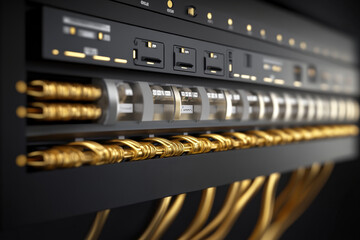 Poster - Elegant consumer unit with gold and silver wiring, showcasing modern design. This highlights intricate details of wiring and connections, emphasizing sleek and sophisticated aesthetic