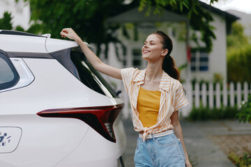 Happy woman enjoying outdoor lifestyle next to a modern white car in a sunny environment Bright colors and cheerful mood capture the joy of urban living and adventure