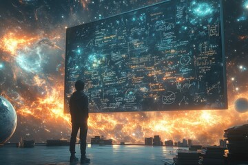 Wall Mural - A man stands in front of a large screen that is filled with equations
