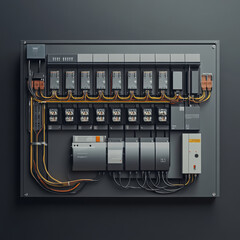 Poster - detailed view of geometric consumer unit featuring angular wiring and multiple circuit breakers, showcasing modern electrical setup. organized layout emphasizes functionality and safety in electrical