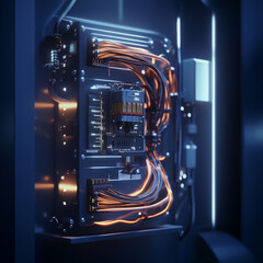 Poster - Highly detailed 3D model of consumer unit with glowing wires and components, showcasing intricate electrical connections and modern design. vibrant lighting adds dynamic feel to image