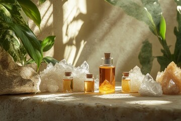 A serene aromatherapy scene with a selection of essential oils displayed in beautiful glass vials alongside an assortment of healing crystals.