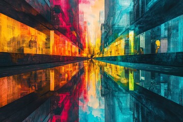 A futuristic city street with vibrant colors and reflections in a wet, reflective surface.