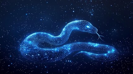 A sleek digital snake is formed by an array of interconnected blue glowing points and lines, set against a starry background, signifying a modern digital art piece.